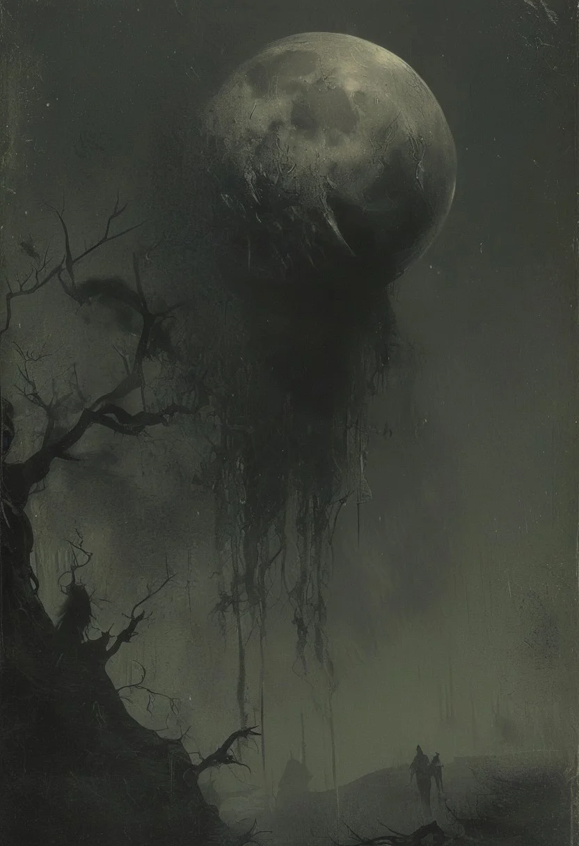 the moon hangs like a cruel portrait, novuschroma38, detailed, high resolution, eerie, atmospheric, foreboding, unsettling