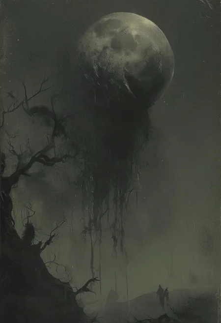 the moon hangs like a cruel portrait, novuschroma38, detailed, high resolution, eerie, atmospheric, foreboding, unsettling