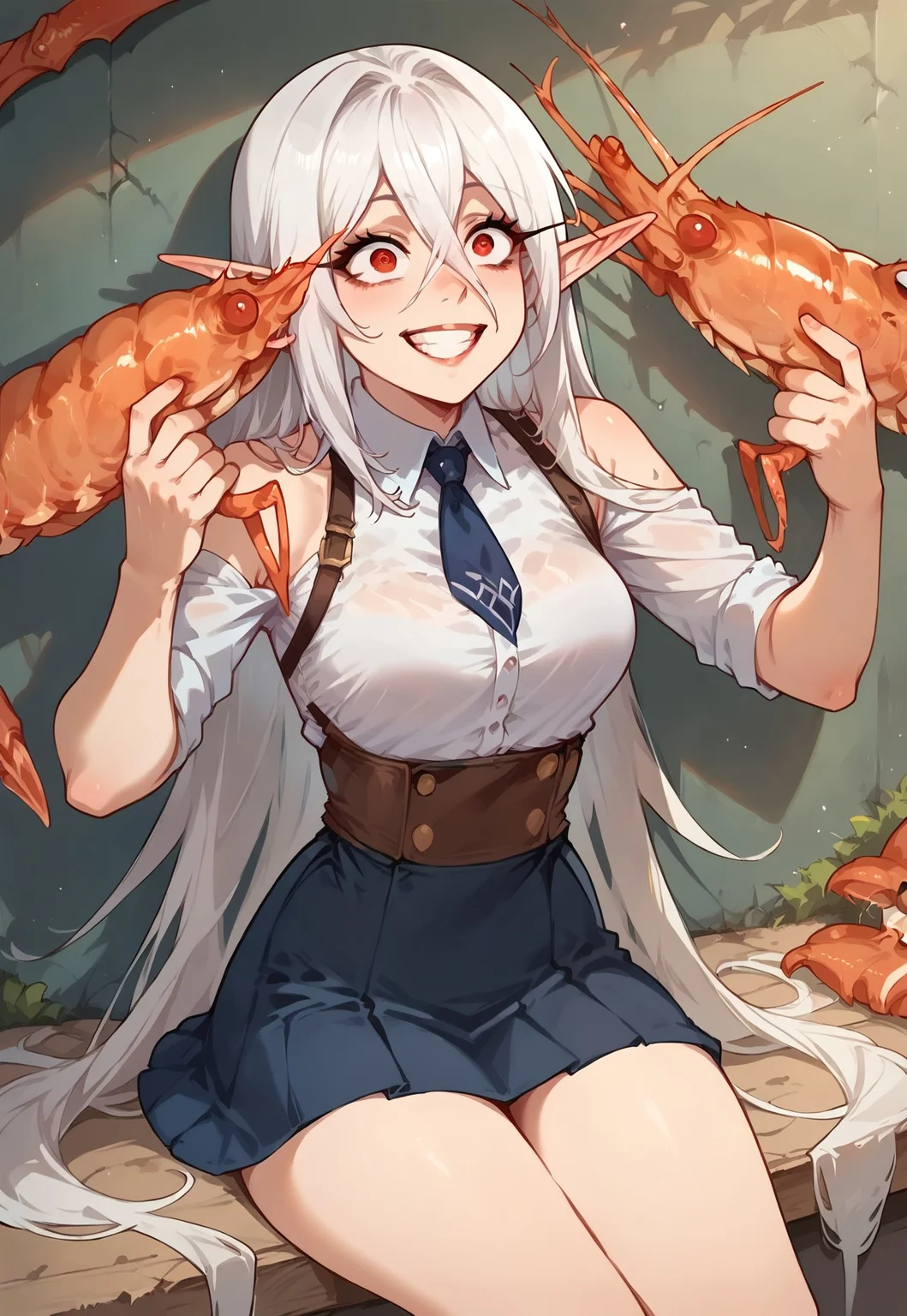 score_9, score_8_up, score_7_up, score_9, score_8_up, solo, 1girl, dwoc_aria, elf ears, red eyes,white hair, hair between eyes, long hair, Expressiveh, shrimp,
holding two shrimps legs, holding weapon, dual wielding,
smile, grin, crazy eyes, skirt