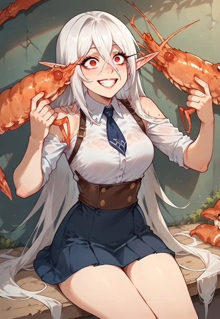score_9, score_8_up, score_7_up, score_9, score_8_up, solo, 1girl, dwoc_aria, elf ears, red eyes,white hair, hair between eyes, long hair, Expressiveh, shrimp, 
holding two shrimps legs, holding weapon, dual wielding,
smile, grin, crazy eyes, skirt