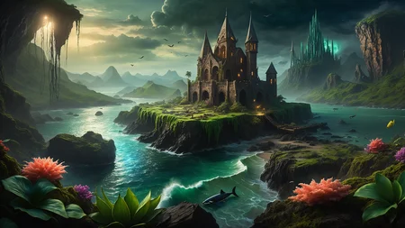 Hyperrealistic art A dark and atmospheric scene inspired by H.P. Lovecraft's "The Call of Cthulhu." In the foreground, the ancient, crumbling city of R'lyeh rises from the depths of the ocean, with its non-Euclidean architecture and impossible angles, covered in seaweed and strange, glowing algae. Towering above the city, the monstrous figure of Cthulhu emerges from the water, his grotesque, squid-like head with writhing tentacles, and massive bat-like wings casting a shadow over the landscape. His eyes glow with a malevolent, otherworldly intelligence. The sky is dark and stormy, with lightning illuminating the chaotic, nightmarish scene. Jagged rocks and towering waves crash around the city, adding to the sense of impending doom. The background features a turbulent ocean and a chaotic, swirling sky filled with dark clouds and flashes of lightning. The atmosphere is filled with a sense of cosmic dread and horror, capturing the terrifying and unfathomable nature of Lovecraft's universe. The overall style is highly detailed and realistic, emphasizing the ancient, alien nature of R'lyeh and the monstrous presence of Cthulhu.
<lora:Enhanced_XL_V1:0.8> enhanced, Hyperrealistic art Hyperrealistic art A stargate bustling futuristic cityscape, floating in post-nuclear war destroyed world with nuclear fallout, creating a juxtaposition between advanced technology and human greed, complete with hyperrealistic detail, cinematic lighting and vibrant colors <lora:world_glass:1>, dynamic, cinematic, masterpiece, intricate, hdr, . Extremely high-resolution detail, photographic, realism taken to the extreme, fine texture, incredibly lifelike . Extremely high-resolution details, photographic, realism pushed to extreme, fine texture, incredibly lifelike, RAW Proffesional Photography of a landscape, Long shot, __Kamera__, (comet:0.1), (flowers:0.1), (water lilies:0.1), (insects:0.1), (animals:0.1), (birds:0.1), (waterfall:0.1), (Fish in water:0.1),(Tundra:0.1), (Desert:0.1), (Rainforest:0.1), (Mountains:0.1), ( Frontal fog:0.1), (Waves:0.1), (Stars:0.1), Sunny, psychedelic, entropy, shallow depth of field detailed background, dark noir style, HDR, RAW, ray tracing reflections, sharp focus, ultra realistic, 12k <lora:add-detail-xl:1>, cinematic photo, a extreme deep underwater world in which occasionally (full body view of a Orca:2.0), coral reefs, algae, underwater plants, colorful fish, The scene features clear water with (random time of day, random weather:1.3), love and entropy are depicted throughout the scene, with mini insects and microcosms complementing the detailed background, HDR, RAW, ray-traced reflections, sharp focus and ultra-realistic detail, 35mm photograph, film, bokeh, professional, 4k, highly detailed
<lora:SDXLHighDetail_v5:1> <lora:more_details:1>, nsfw, Raw poster, concept art, landscape, psychedelic, Raw poster, concept art, landscape, psychedelic, depicting a two-part scenario of the same scene: in the upper half, a dark magic ocean lonely islands with palms, coconut trees, waterfalls, flowers, insects, birds, where dolphins play in the waves and the occasional shark fin breaks the surface; transitioning seamlessly into the lower half, a microcosm of an very deep and very dark underwater world with (colorful fish, mystical lights, coral reefs, seaweed, underwater plants:1.3), and occasional (orcas:0.9) and sharks gliding through the depths., foggy, random weather, random daytime, (love:1.3), (spring saeson in the ball:1.3), entropy, (mini insect:0.1), shallow depth of field detailed background, sunshaft, surreal, dark noir style, HDR, RAW, ray tracing reflections, sharp focus, ultra realistic, 12k
<lora:dreamcolor:0.3> <lora:EDG_-_Test_Lora:0.3> <lora:more_details:0.3>, Raw poster, concept art, landscape, psychedelic, Cloudy,Twilight, Crescent moonlight,beautiful waterfall in the middle of a forest, swiss landscapes, (love:1.1), Ice fog, entropy, (mini insect:0.1), (shallow depth of field detailed background:1.2), dark noir style, HDR, ray tracing reflections, sharp focus, ultra realistic, 12k <lora:add-detail-xl:1><lora:LowRA:1> <lora:more_details:1> ,m0nst3rfy3 <lora:m0nst3rfy3(0.5-1)M:1>, <lora:SDXLHighDetail_v5:1> . Extremely high-resolution details, photographic, realism pushed to extreme, fine texture, incredibly lifelike