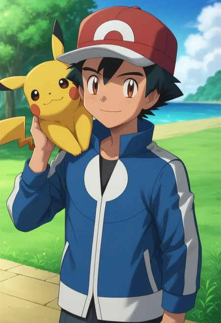 score_9, score_8_up, score_7_up, source_anime, highly detailed, 1boy, solo, male_focus, slender, skinny, cute,
1boy, male focus, hat, pokemon (creature), brown eyes, on shoulder, pokemon on shoulder, jacket, smile, outdoors, blue jacket, black hair, day, closed mouth,
simple background,