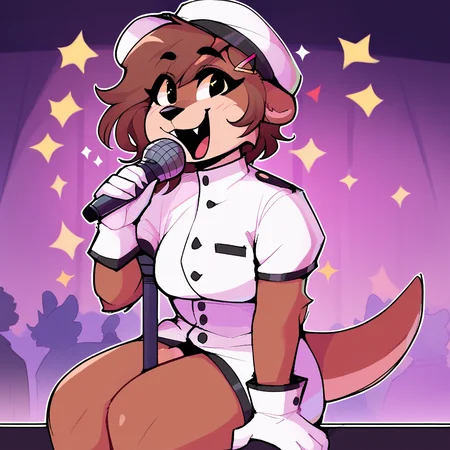 score_9_up, score_8_up, score_7_up, score_6_up, furry female, by remanedur, pearl aurora, female, furry, otter, yellow eyes, tail, dark brown hair, white gloves, ((headgear)), headwear, gesture, winking at viewer, happy, short hair, brown fur, hairclip, white high heeled boots, ((white uniform)), (solo), three-quarter view, head tilt, microphone, holding microphone, singing, stage, on stage, lights, screaming, <lora:Leah_Pines(AIM)_XL_v1:1>, <lora:PDXL_artist_tags_v2_big:0.8> <lora:The-Minuscule-Task_PDXL_v1.0:0.8> <lora:Pearl Aurora:0.15>