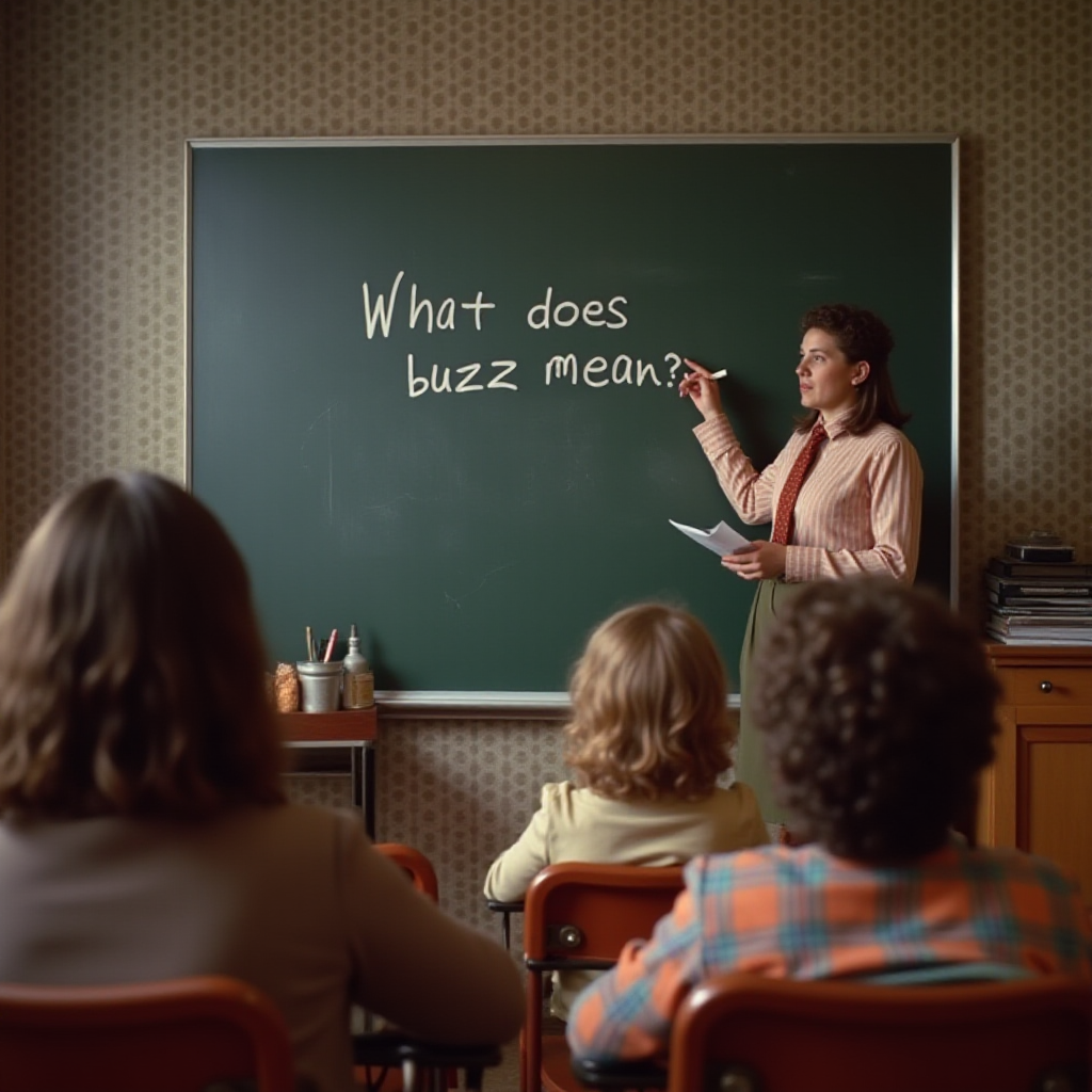scene from a technicolor movie from 1976, irritated vintage a school class a teacher writes on the board, "What does buzz mean?"