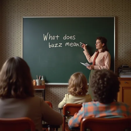 scene from a technicolor movie from 1976, irritated vintage a school class a teacher writes on the board, "What does buzz mean?"