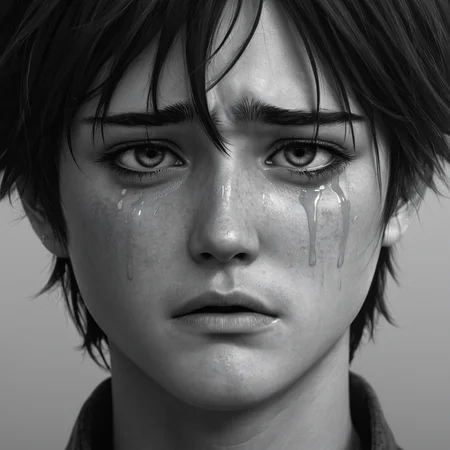 anime artwork of <lora:crying style:0.8>
<lora:detailed:0.5>
<lora:perfection style:0.5>
a woman with tears on her face is crying.,solo,looking at viewer,simple background,1boy,monochrome,greyscale,male focus,portrait,freckles,realistic , crying, sad, teary face, tears, crying style, anime style, key visual, vibrant, studio anime, highly detailed