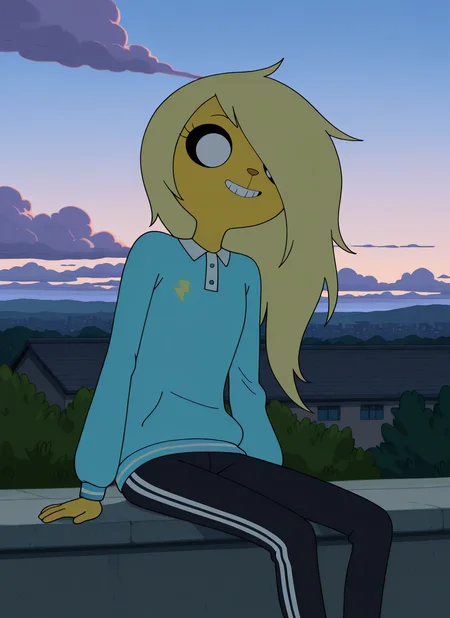 artist:, masterpiece, best quality, newest, very awa, absurdres, highres, advt, 1girl, brnv, grin, yellow skin, large eyes, button nose, skinny, blonde hair, black tracksuit, striped tracksuit, striped pants, black pants, sitting, roof, daytime, modern city, clouds, loking at viewer, detailed