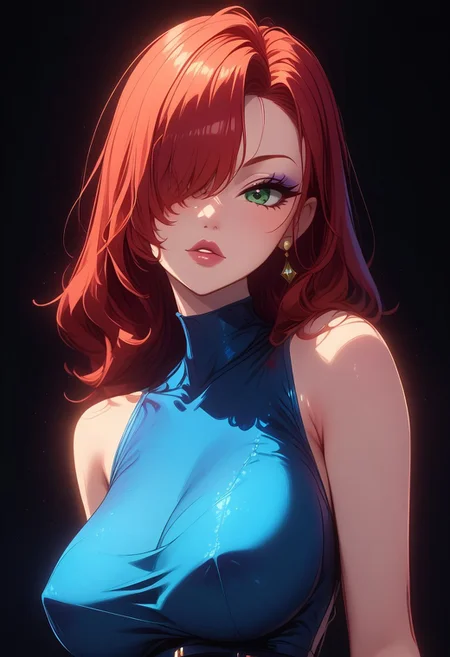 score_9,score_8_up,score_7_up,score_6_up,score_5_up,score_4_up, source_anime, digital art, female portrait, semi-realistic, 3D illustration, EyesHD, GLSHS, high-resolution, 1girl, jessica rabbit, red hair, hair over right eye, green eyes, large breasts, ruanyi0932, blue dress, halter dress, sleeveless,cowboy shot, taut dress, skin tight, long dress, looking at viewer, full body, BREAK black background, spotlight,