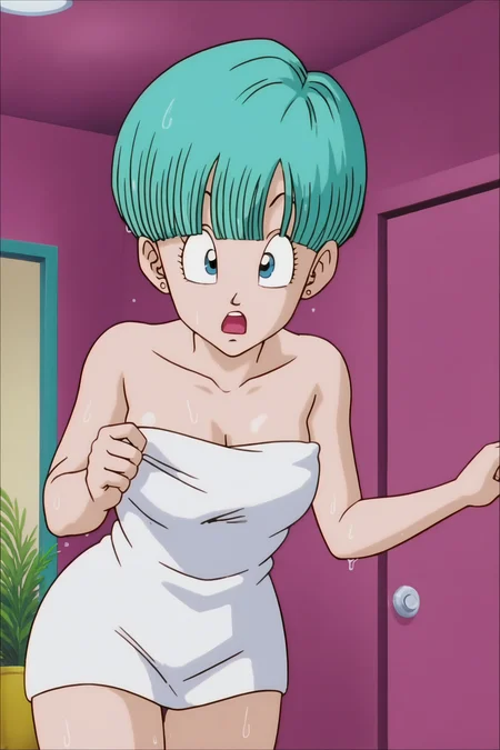 source_anime, score_9, score_8_up, score_7_up, anime screencap,
buu saga, aqua hair, very short hair, bowl cut, blue eyes, wearing bath towel, wet hair, shocked, open mouth, indoors, door, dark room, wet skin, 
 <lora:bulma_Z_pony_v1:0.8>