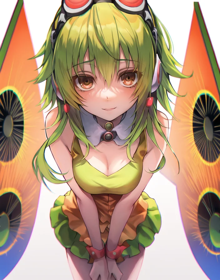 Gumi, solo, ((focus on face)), looking at viewer, white background <lora:Gumi_V1-01:0.6>, earphones,