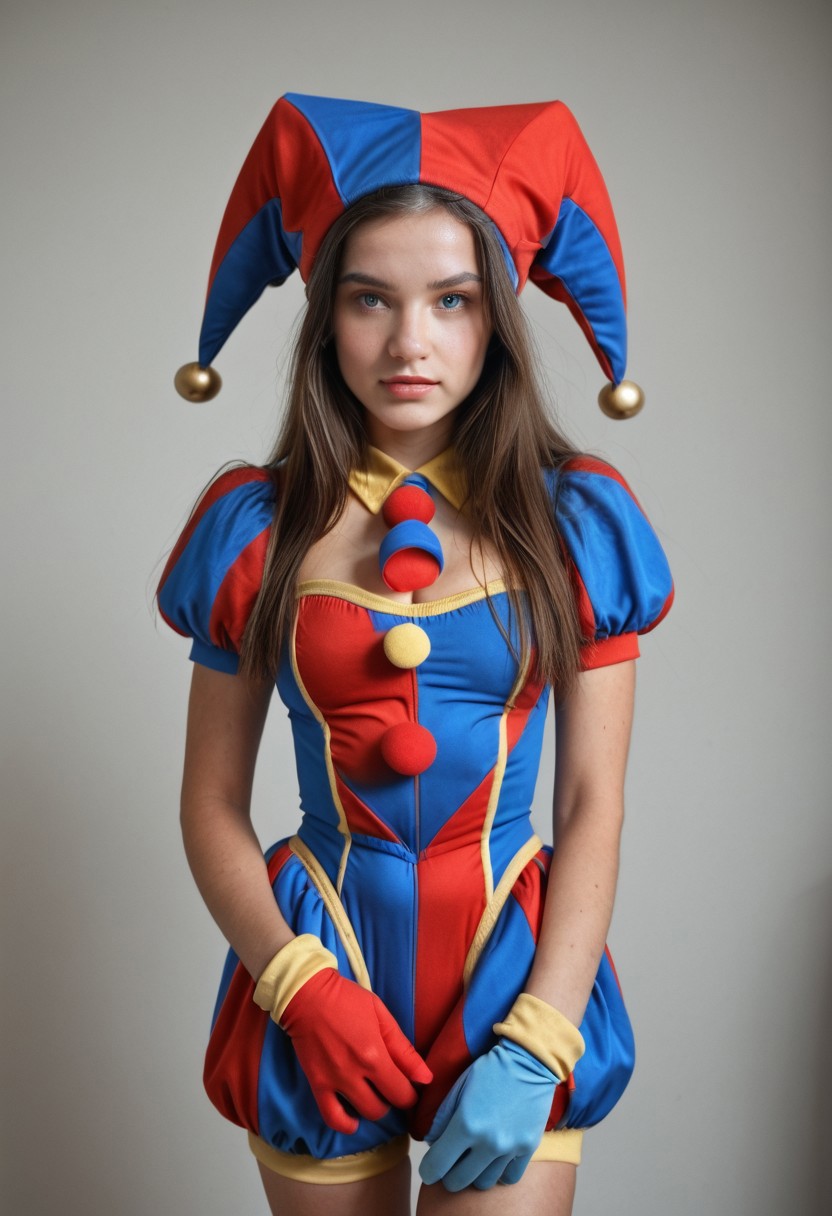 <lora:Coll-PomniXL_1672540:1> 1girl, blue eyes, blue gloves, coll-pomni, gloves, hat, jester cap, long hair, looking at viewer, puffy short sleeves, puffy sleeves, solo