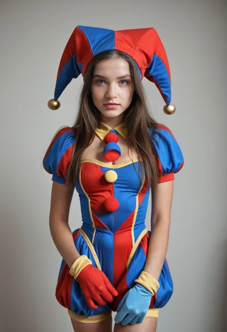 <lora:Coll-PomniXL_1672540:1> 1girl, blue eyes, blue gloves, coll-pomni, gloves, hat, jester cap, long hair, looking at viewer, puffy short sleeves, puffy sleeves, solo