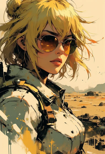 in the style of ck-mgs, nistyle, Special Ink-drawing mode, intricate linework with expressive contrasts, Mh1$AgThS2, Inkplash art on rice paper, sepia, henna , Silhouette Art, magnificent, inksplash closeup portrait of stunning japanese femlae sci-fi soldier, blonde hair, mirrorred aviator sunglasses reflecting a dusty arid landscape, white power armour