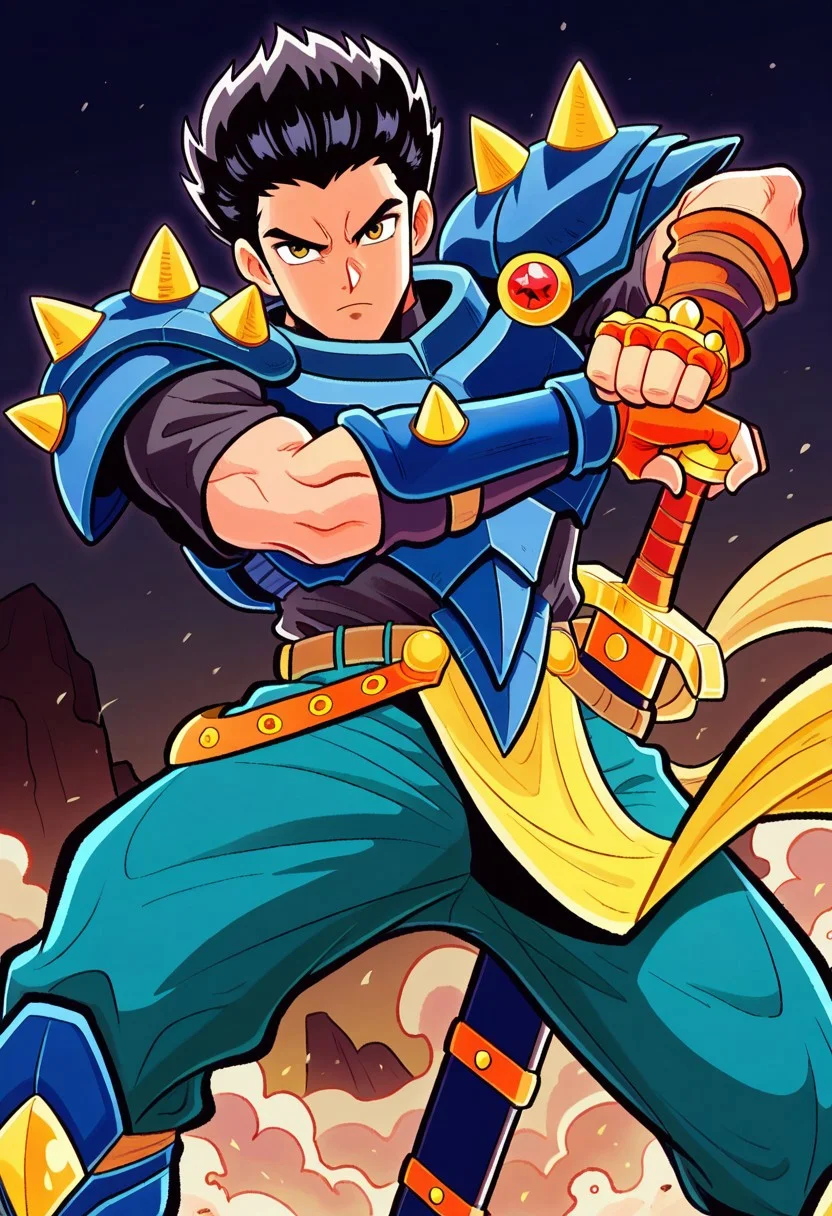 masterpiece, best quality, amazing quality, very aesthetic, absurdres, newest, 1boy, dionffl3, black hair, muscular, spiked pauldrons, blue armor, black shirt, orange fingerless gloves, sheathed sword, yellow loincloth, belt, teal pants, blue greaves, ((action pose)), close up, looking at viewer
