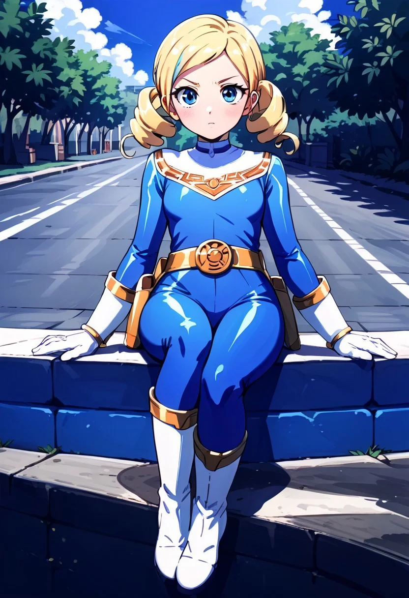 score_9, score_8_up, score_7_up, BREAK source_anime,masterpiece, best quality, highly detailed,absurdres, anime,highres,8k, shadow,uncensored,
, outdoors, simple background, theme park,
, cowboy shot,sitting, 1girl,
blue_eyes, blonde_hair, twin_drills, short_hair,
, presenting self, looking at viewer,
Bluezeoranger, Tight suit,shiny gold elements, gold belt, vibrant color, golden wrist guards, white boots,blue colored suit,Holster,white gloves,