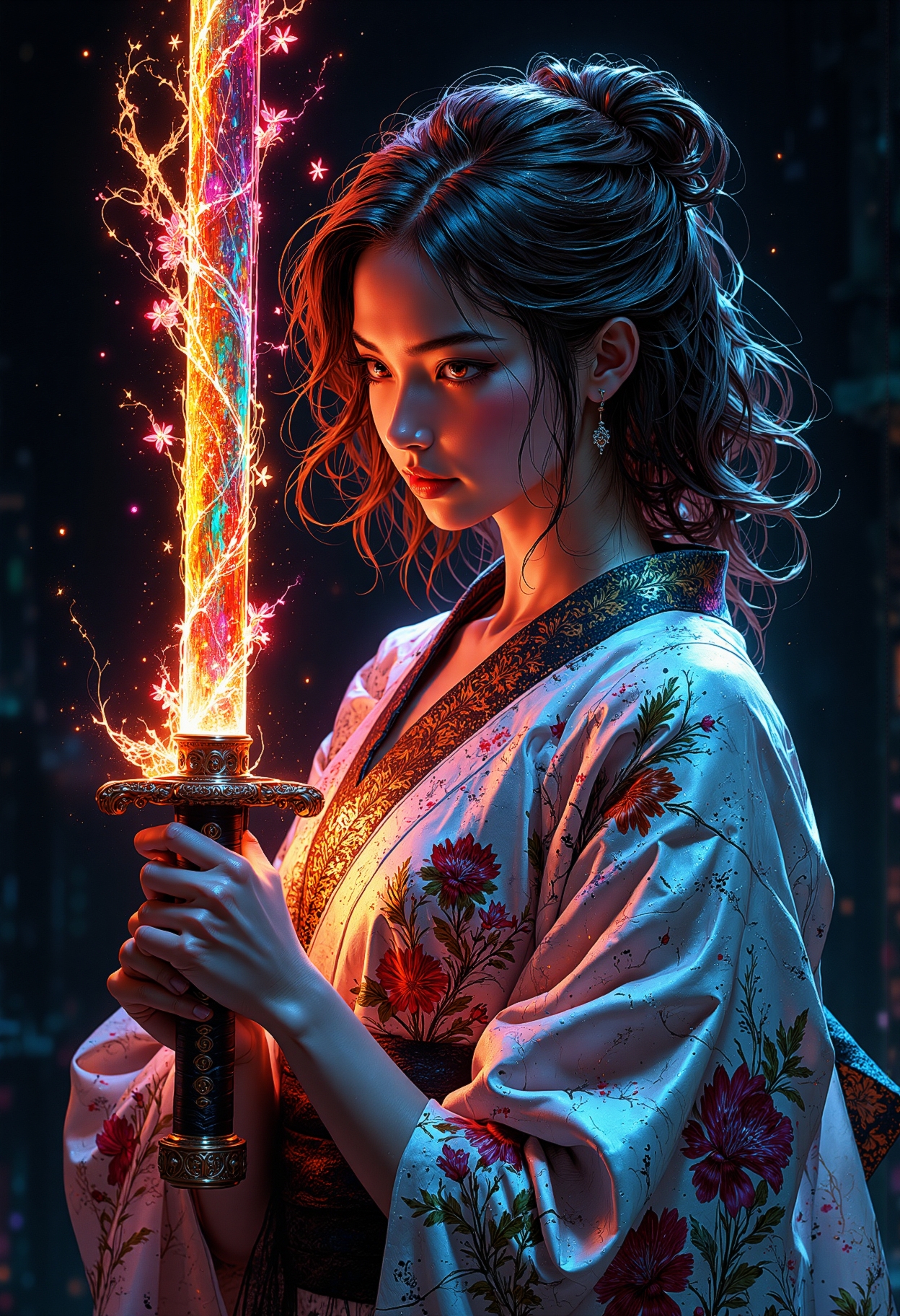 Cinematic photo of a young woman with shoulder-length wavy black hair is shown from the torso up, holding a glowing katana in front of her. She is wearing a traditional kimono that is white with iridescent, vibrant floral patterns in shades of pink, orange, blue, and green. The katana has a glowing, rainbow-colored blade, with the hilt held firmly in both her hands. Her right hand, visible and ungloved, grips the handle near the bottom, while her left hand, wearing a black glove, is placed near the guard. Her expression is calm, her gaze lowered. The kimono drapes softly over her form, and colorful, ethereal flowers seem to emerge from the fabric. The background is dark and minimal, which contrasts sharply with the vibrant light coming from the sword and the glowing floral patterns on her clothing. The lighting emphasizes the soft glow of the sword and flowers, creating a magical, serene atmosphere. The perspective is a close-up shot focusing on the upper half of her body, highlighting the intricate details of her kimono and the vibrant, colorful light effects.
photography, high-resolution, dynamic, energetic,hyper-realistic, dramatic lighting, shallow depth of field.),High Detail, Perfect Composition, realistic photographic image, interesting backlighting