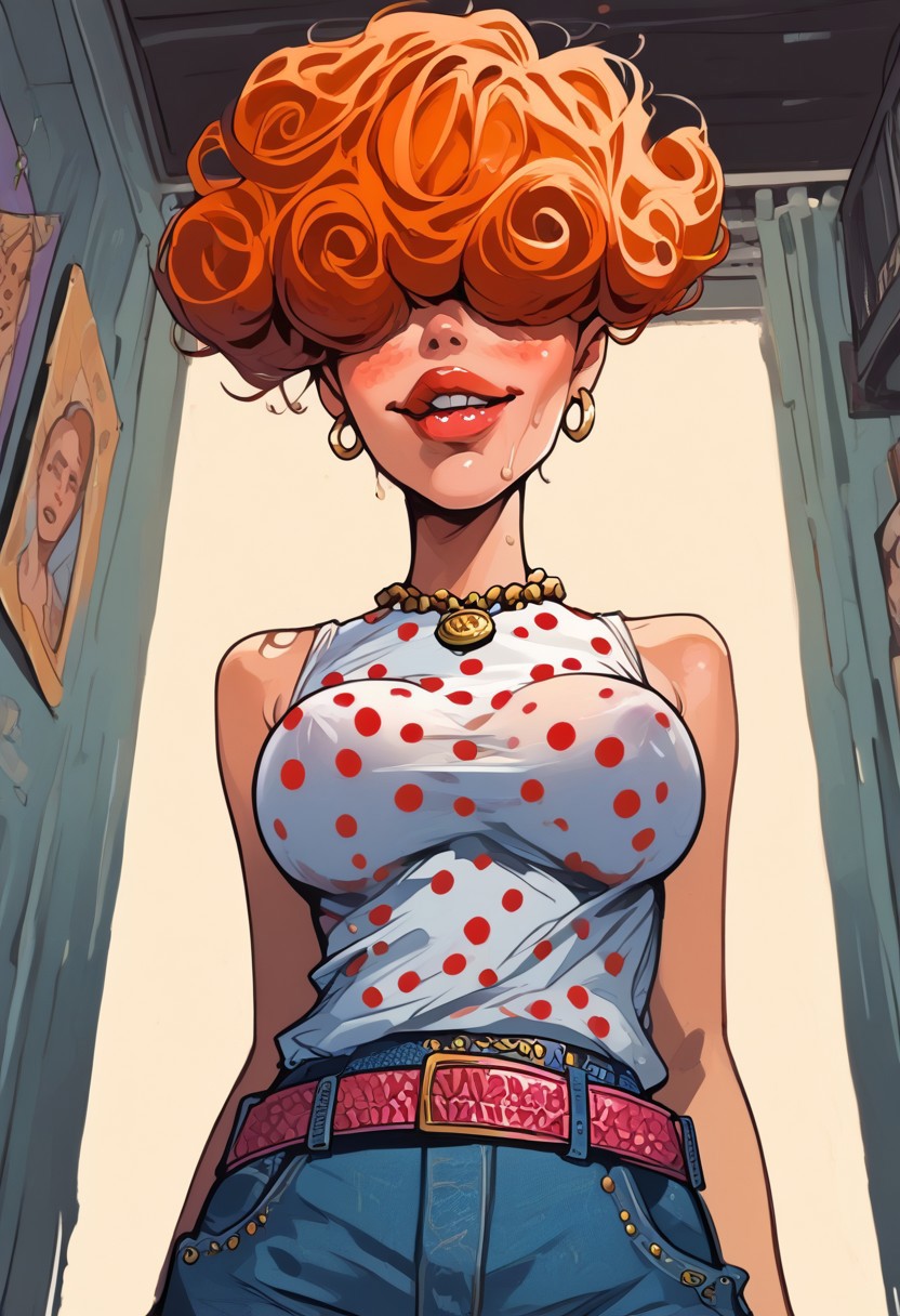 score_9, score_8_up, score_7_up, score_6_up, rating_explicit, realistic, solo focus, a woman, perfect cute face, natural breasts, looking at viewer,
nat, thick lips,  1girl, solo, breasts, ,upper view , , solo, add detailed eyes,portrait of a (  1girl,earrings,short hair,belt,pants,necklace,orange hair,makeup,polka dot,denim,lipstick,curly hair,freckless,jeans,hoop earrings,hair over eyes,room,room background,from below, ), hip vent,, sweat, parted lip, view from side, eye level, cowboy shot, soft breasts, Fixhand.sinozick style