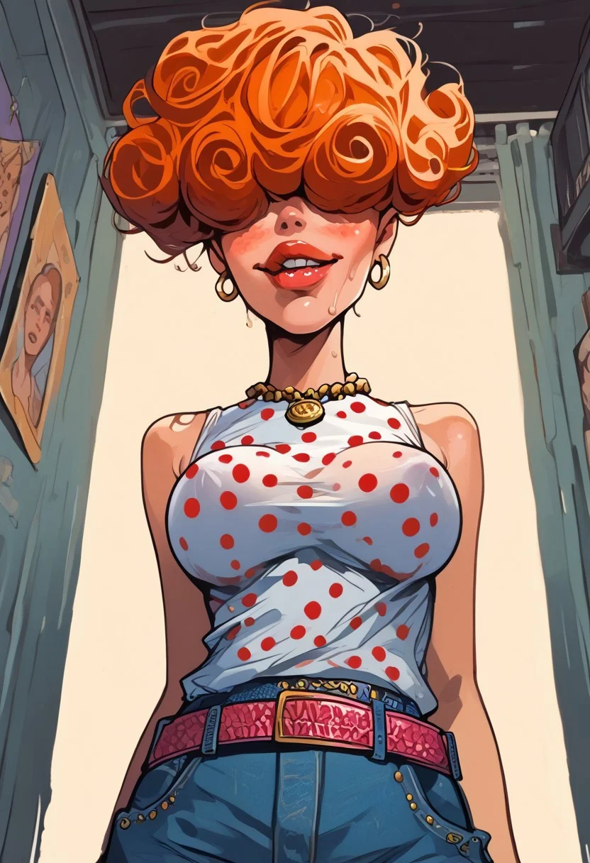 score_9, score_8_up, score_7_up, score_6_up, rating_explicit, realistic, solo focus, a woman, perfect cute face, natural breasts, looking at viewer,
nat, thick lips, 1girl, solo, breasts, ,upper view , , solo, add detailed eyes,portrait of a ( 1girl,earrings,short hair,belt,pants,necklace,orange hair,makeup,polka dot,denim,lipstick,curly hair,freckless,jeans,hoop earrings,hair over eyes,room,room background,from below, ), hip vent,, sweat, parted lip, view from side, eye level, cowboy shot, soft breasts, Fixhand.sinozick style