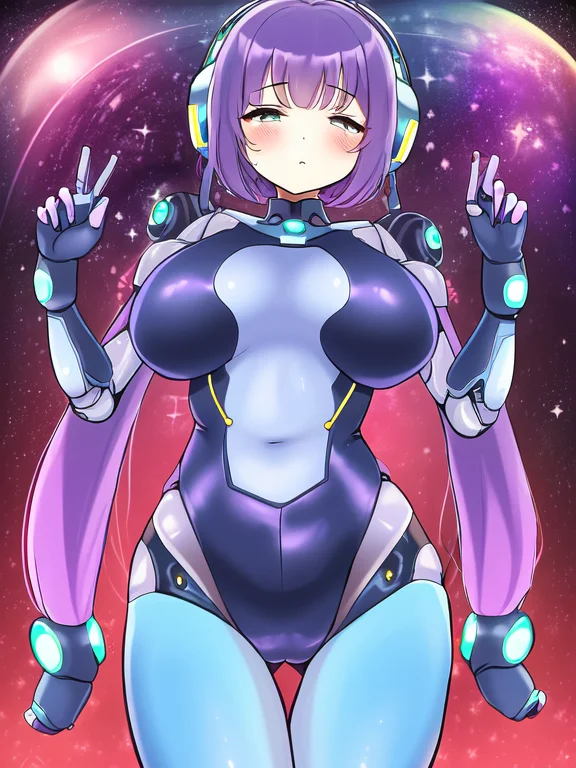 sadness,  solo, 1girl, robotic, outer space background, eyes,waist, thighs, retro, hair,  arms, hands, cyan, magenta, yellow, masterpiece, by jirooo