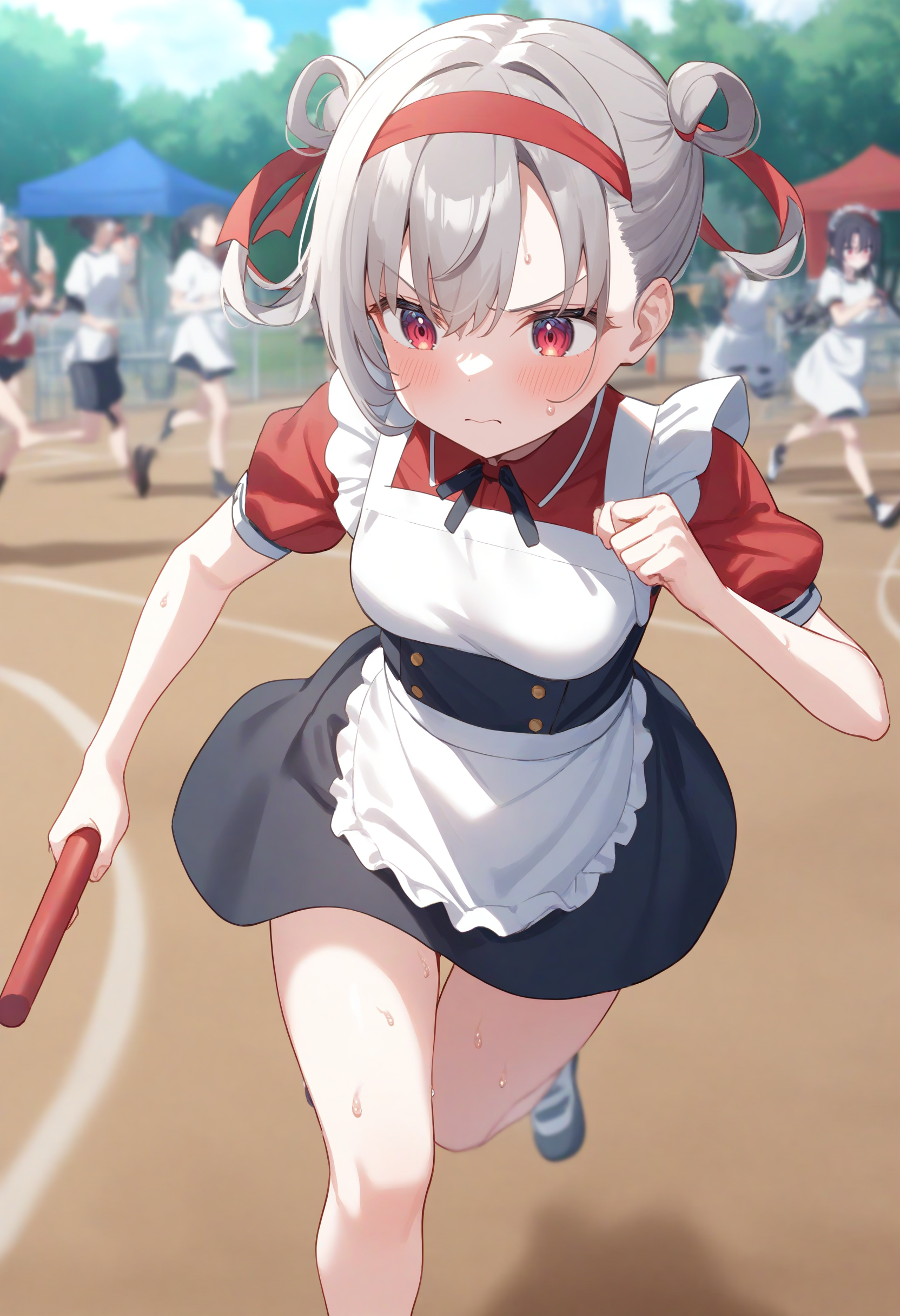 1girl,sincos, ningen mame, toosaka asagi,solo,medium breasts,20yo,maid,maid headdress,
relay baton, holding,day, outdoors, sports festival, red headband,running, sweat, <lora:relaybaton_XL_v1:0.8>
from below, full body, looking away, gray hair, red eyes,annoyed,  closed mouth, hair rings hair,,
best quality, very aesthetic, absurdres
