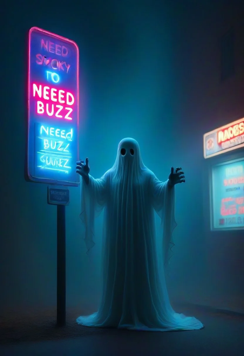 high quality,masterpiece,ultra-high resolution,incredible composition,extremely, eerie spooky ghost, buzz, holding a spooky neon sign that says "NEED BUZZ," smokey misty atmosphere