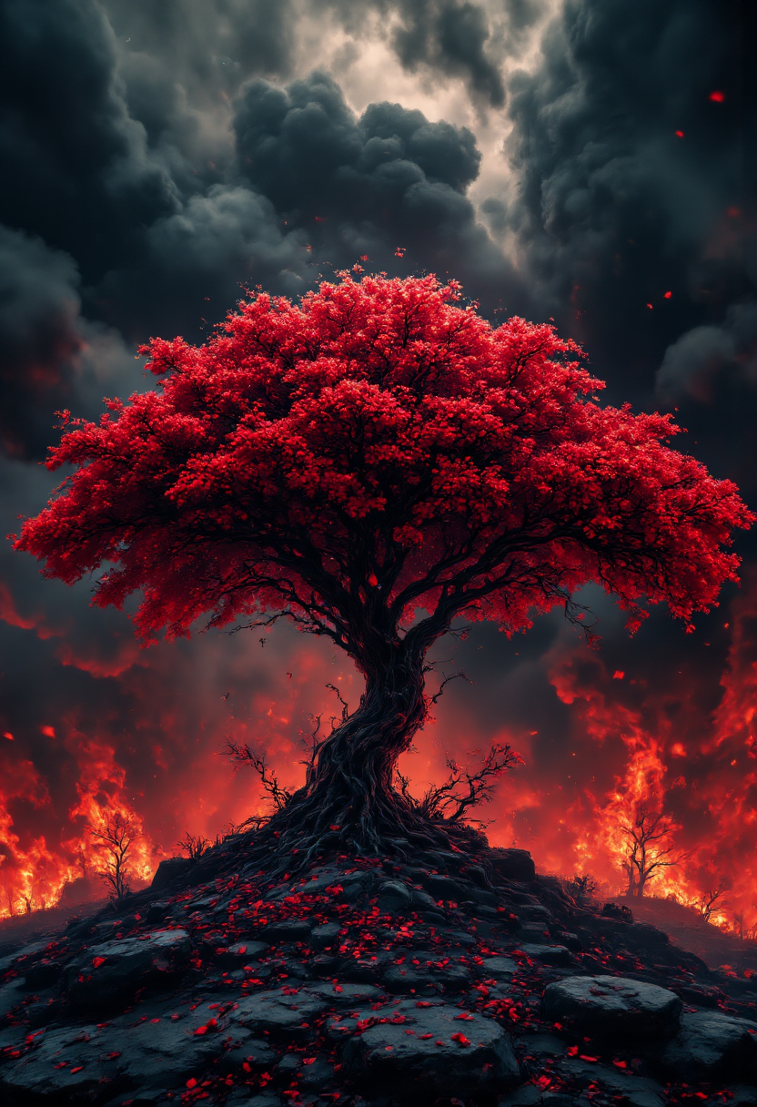 breathtaking long shot scenic professional photograph of This image is a digital artwork depicting a majestic tree with vibrant, red foliage against a dark, stormy background. The tree, centrally positioned, has a thick, twisted trunk that branches out into a wide, lush canopy of leaves. The leaves are a vivid, almost fluorescent red, contrasting starkly with the surrounding dark tones. The bark of the tree is textured and detailed, with deep grooves and ridges that add to its rugged appearance. 
Scattered around the base of the tree are fallen red leaves and branches, which are depicted with a sense of motion, as if they were caught mid-air during a strong wind. The ground beneath the tree is a deep, rich red, matching the color of the leaves, and is scattered with more fallen leaves and twigs. 
The background is a dramatic, dark sky with swirling, turbulent clouds in shades of black and dark red, giving the impression of an intense storm or sunset. The sky merges with the ground, creating a seamless transition that enhances the sense of depth and drama. The overall style is surreal and fantastical, blending elements of fantasy and nature in a highly stylized, almost abstract manner.
 <lora:detailed_v2_flux_ntc:2> <lora:aidmaMJ6.1v0.4:1> <lora:aidmaFLUXpro1.1:1>, glow effects, godrays, Hand drawn, render, 8k, octane render, cinema 4d, blender, dark, atmospheric 4k ultra detailed, cinematic, Sharp focus, big depth of field, Masterpiece, colors, 3d octane render, 4k, concept art, trending on artstation, hyperrealistic, Vivid colors, extremely detailed CG unity 8k wallpaper, trending on CGSociety, Intricate, High Detail, dramatic, perfect viewpoint, highly detailed, wide-angle lens, hyper realistic, with dramatic sky, polarizing filter, natural lighting, vivid colors, everything in sharp focus, HDR, UHD, 64K . award-winning, professional, highly detailed