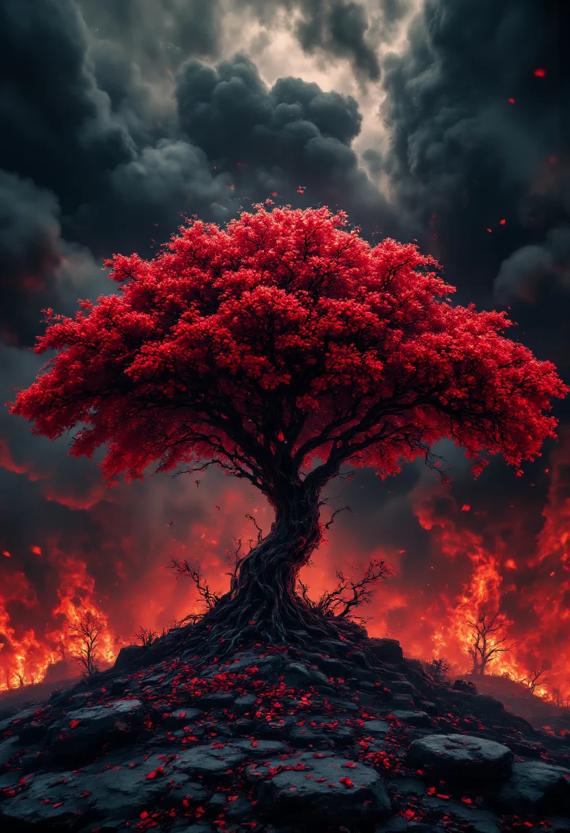 breathtaking long shot scenic professional photograph of This image is a digital artwork depicting a majestic tree with vibrant, red foliage against a dark, stormy background. The tree, centrally positioned, has a thick, twisted trunk that branches out into a wide, lush canopy of leaves. The leaves are a vivid, almost fluorescent red, contrasting starkly with the surrounding dark tones. The bark of the tree is textured and detailed, with deep grooves and ridges that add to its rugged appearance.
Scattered around the base of the tree are fallen red leaves and branches, which are depicted with a sense of motion, as if they were caught mid-air during a strong wind. The ground beneath the tree is a deep, rich red, matching the color of the leaves, and is scattered with more fallen leaves and twigs.
The background is a dramatic, dark sky with swirling, turbulent clouds in shades of black and dark red, giving the impression of an intense storm or sunset. The sky merges with the ground, creating a seamless transition that enhances the sense of depth and drama. The overall style is surreal and fantastical, blending elements of fantasy and nature in a highly stylized, almost abstract manner.
<lora:detailed_v2_flux_ntc:2> <lora:aidmaMJ6.1v0.4:1> <lora:aidmaFLUXpro1.1:1>, glow effects, godrays, Hand drawn, render, 8k, octane render, cinema 4d, blender, dark, atmospheric 4k ultra detailed, cinematic, Sharp focus, big depth of field, Masterpiece, colors, 3d octane render, 4k, concept art, trending on artstation, hyperrealistic, Vivid colors, extremely detailed CG unity 8k wallpaper, trending on CGSociety, Intricate, High Detail, dramatic, perfect viewpoint, highly detailed, wide-angle lens, hyper realistic, with dramatic sky, polarizing filter, natural lighting, vivid colors, everything in sharp focus, HDR, UHD, 64K . award-winning, professional, highly detailed