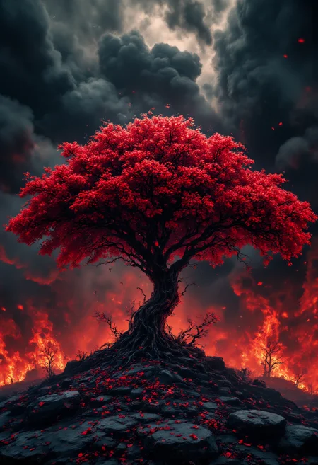 breathtaking long shot scenic professional photograph of This image is a digital artwork depicting a majestic tree with vibrant, red foliage against a dark, stormy background. The tree, centrally positioned, has a thick, twisted trunk that branches out into a wide, lush canopy of leaves. The leaves are a vivid, almost fluorescent red, contrasting starkly with the surrounding dark tones. The bark of the tree is textured and detailed, with deep grooves and ridges that add to its rugged appearance.
Scattered around the base of the tree are fallen red leaves and branches, which are depicted with a sense of motion, as if they were caught mid-air during a strong wind. The ground beneath the tree is a deep, rich red, matching the color of the leaves, and is scattered with more fallen leaves and twigs.
The background is a dramatic, dark sky with swirling, turbulent clouds in shades of black and dark red, giving the impression of an intense storm or sunset. The sky merges with the ground, creating a seamless transition that enhances the sense of depth and drama. The overall style is surreal and fantastical, blending elements of fantasy and nature in a highly stylized, almost abstract manner.
<lora:detailed_v2_flux_ntc:2> <lora:aidmaMJ6.1v0.4:1> <lora:aidmaFLUXpro1.1:1>, glow effects, godrays, Hand drawn, render, 8k, octane render, cinema 4d, blender, dark, atmospheric 4k ultra detailed, cinematic, Sharp focus, big depth of field, Masterpiece, colors, 3d octane render, 4k, concept art, trending on artstation, hyperrealistic, Vivid colors, extremely detailed CG unity 8k wallpaper, trending on CGSociety, Intricate, High Detail, dramatic, perfect viewpoint, highly detailed, wide-angle lens, hyper realistic, with dramatic sky, polarizing filter, natural lighting, vivid colors, everything in sharp focus, HDR, UHD, 64K . award-winning, professional, highly detailed