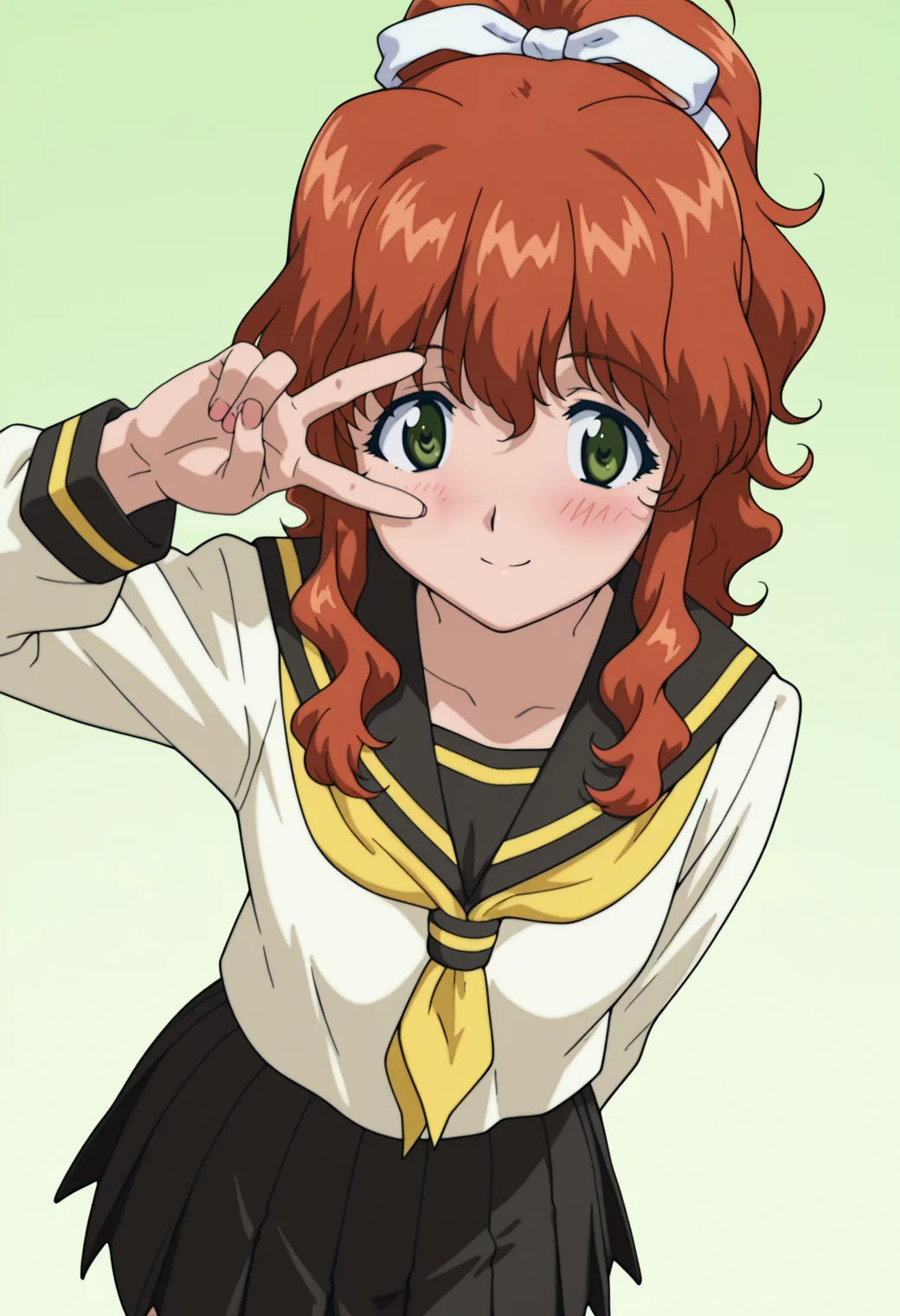 masterpiece, best quality, amazing quality, anime coloring, anime screencap, solo, 1girl, <lora:DX888KaedeIL:1>misumi kaede, green eyes, wavy hair, long hair, ponytail, orange hair, hair ribbon, serafuku, yellow neckerchief, balck skirt, smile, blush, BREAK ( simple background:1.3), green background gradient background, BREAK dynamic pose, from above, v over eye,