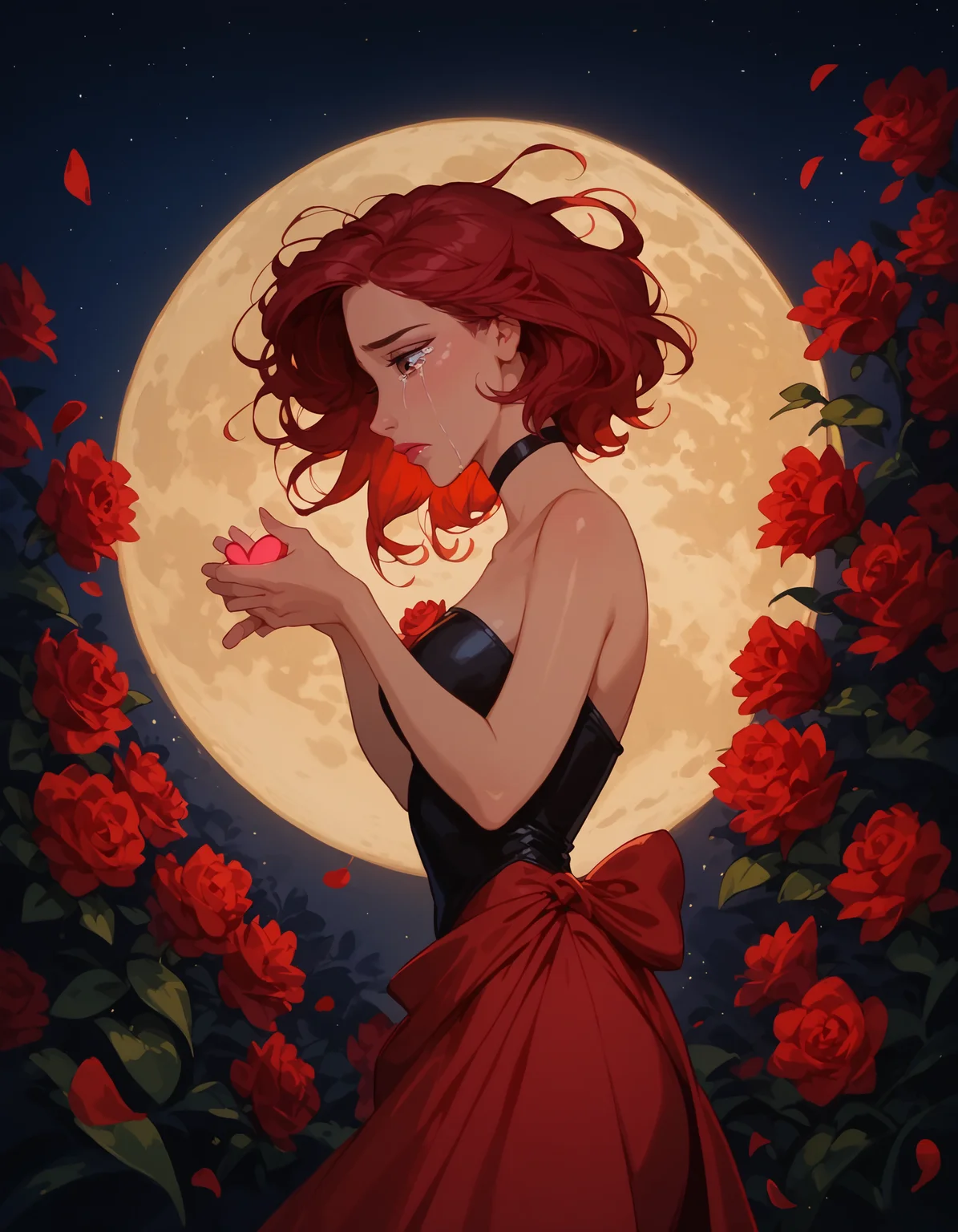 <lora:Disney_Style:.9> <lora:princess_xl_v2:.75> <lora:add-detail-xl:.9> <lora:g0th1cPXL:.3> <lora:Cherry-Gig:.45> <lora:Expressive_H:1> <lora:PLASTT_PonyV6:1> score_9, score_8_up, score_7_up, zPDXL, DisneyRenstyle, score_9,score_8_up,score_7_up,score_6_up, scenic balcony, night, moon, moon light, (red flower petals floating behind girl, floating rose petals behind girl, romantic), (((standing, 3/4 view, side view, side profile))),
1girl, attractive 18 year old, red hair, short hair, messy hair, brown eyes, (((sad expression, tears, heartbroken))), (((hand on heart, clutching heart, looking down))), (solo), (black leotard:1.2, high neck), (red sarong, red boots, black choker), (((holding red flowers by side, hand down, arms down))), shiny skin, perfect reflection, small hips, slender, hourglass figure, attractive, shiny skin, perfect reflection, small hips, slender, perfect face, perfect hands, g0thicPXL, Expressiveh,
score_9, score_8_up, score_7_up, depth of field, realistic shadow, motion lines, Expressiveh, realistic, dramatic lighting, beautiful, animation, sharp focus, award winning, masterpiece, dynamic, cinematic lighting, great attention to skin and eyes, breathtaking, exquisite, exceptional,