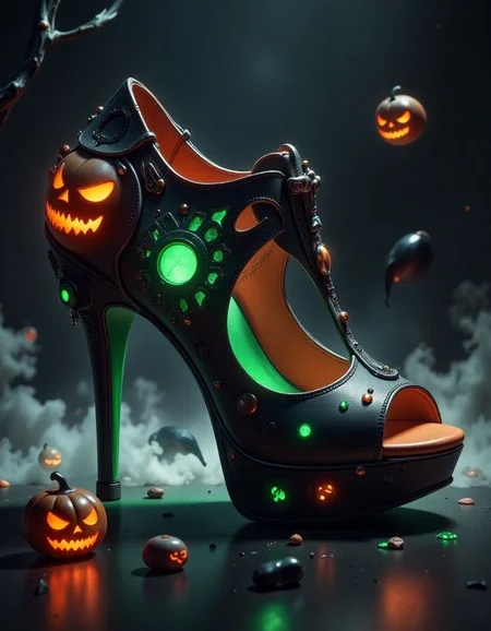 spooky halloween , a green and orange  high heel shoe, in the style of hall0w33n