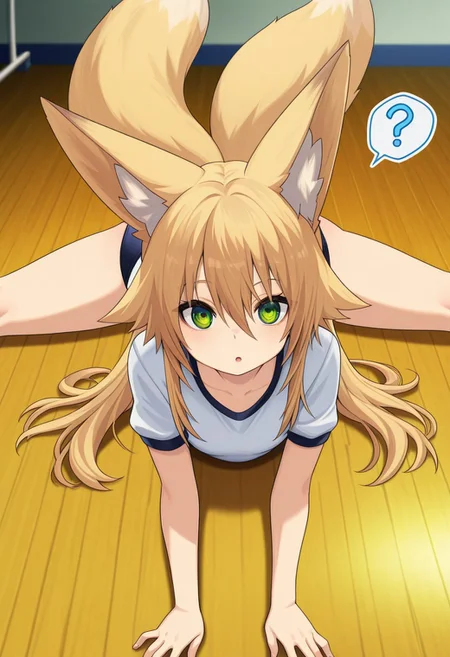 masterpiece,perfect quality,best quality,absolutely eye-catching,absurdres,highres,newest,anime coloring, anime screencap,(1girl,solo), Kokonoe_Tsubaki, green eyes, long hair, flat chest, fox ears, (fox tail), gym uniform, buruma, t shirt, ((splits, lying, on stomach, stretching)), looking at viewer, (confused, :o, parted lips, spoken question mark), school gym, wooden floor, indoors, (from above),