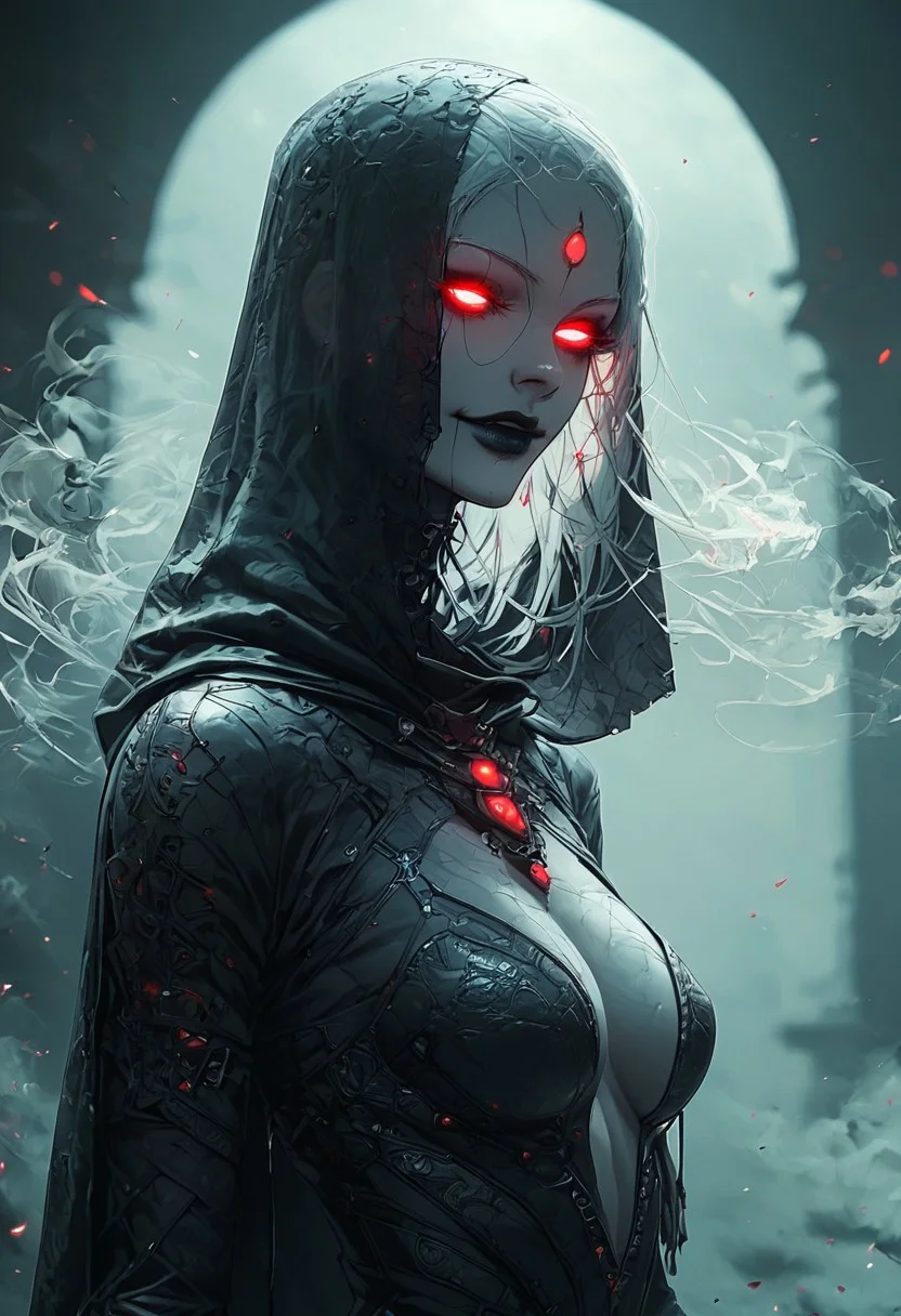 score_9, score_8_up, score_7_up, 1girl, solo, translucent skin, transparent skin, ghost body, ghost effect, black lipstick, white glowing eyes, (white long hair), breath steam, smoke effect, goddess, hourglass figure, full body veil, metal veil, hood up, jewellery, slutty Smile, skank, slutty, seductive, medium breasts, large ass, thigh gap, portrait, ass focus, back view, Expressiveh, sinozick style, flat color, dark theme, hkevil