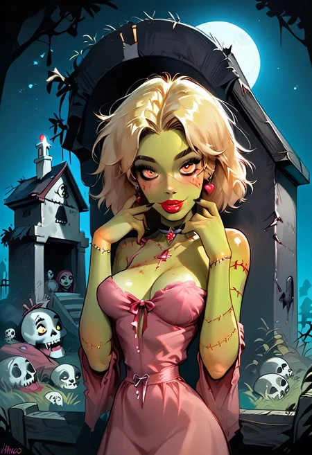 score_9, score_8_up, score_7_up, masterpiece, high quality <lora:Dean Yeagle StylePonyLyco:1>dystlye, 1girl, high quality,upper body torso upper ((tighs)) portrait, A zombie woman. ((dark graveyard)), z0mb13_g1rl_lascalae, zombie girl, green skin, stitches. tattered pink dress, perky boobs, ((seductive seated pose)), (((spooky moonlit cemetery))) (/place), slim petite bombshell body, easynegative, negative_hand,