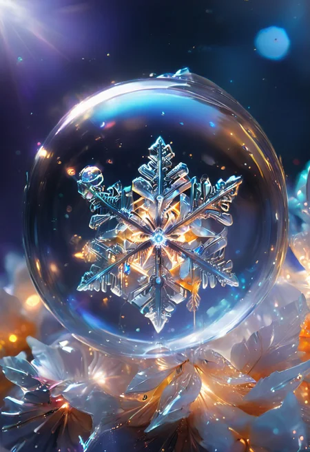 (high quality), (masterpiece), (detailed), 8K, An award-winning glowing snowflake, encased in a perfectly transparent glass bubble, floats delicately within a surreal winter setting. Its intricate, symmetrical crystalline patterns radiate a mesmerizing, golden luminosity, blending warm hues of amber, peach, and soft rose that glow softly through the glass. The bubble is adorned with delicate frost patterns along its edges, reflecting and refracting the snowflake’s warm light, casting a magical aura on its surroundings. Encased within, the snowflake sparkles with fine detail, as if suspended in time, evoking feelings of joy, serenity, and wonder, captivating all who witness this breathtaking masterpiece, glowneon, geometric, sparks, GlowingInk