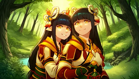 zPDXL,anime artwork score_9,score_8_up,score_7_up,2d,<lora:Iriedono_Style_PonyXL:1>,by iriedono,iriedono,<lora:Huffslove_Style_PonyXL:1>,by huffslove,huffslove,<lora:anime-detailer-xl:1.5>,<lora:Expressive_H-000001:1>,Expressiveh,(source_anime),raytracing,rating_questionable,rating_safe,
2girls,<lora:hinoa.pony:0.6>,hinoa,<lora:minoto.pony:0.6>,minoto,
outdoors,forest,scenery,
absurdres,
upper body,looking at viewer,cute,attractive,
eye contact,standing,hug,smile,
. anime style,vibrant,studio anime,highly detailed,