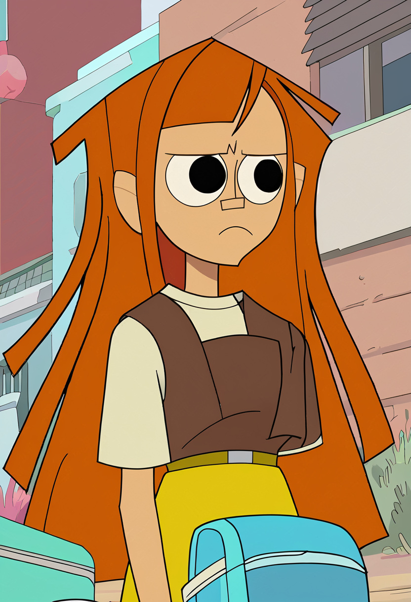 <lora:TwelveForever_Reggie_Pony:1.2>, reggie \(regular\), pout, reggie, twelve forever, 1girl, solo, orange hair, long hair, black eyes, bangs, dirt road, masterpiece, best quality, score_9, score_8_up, score_7_up