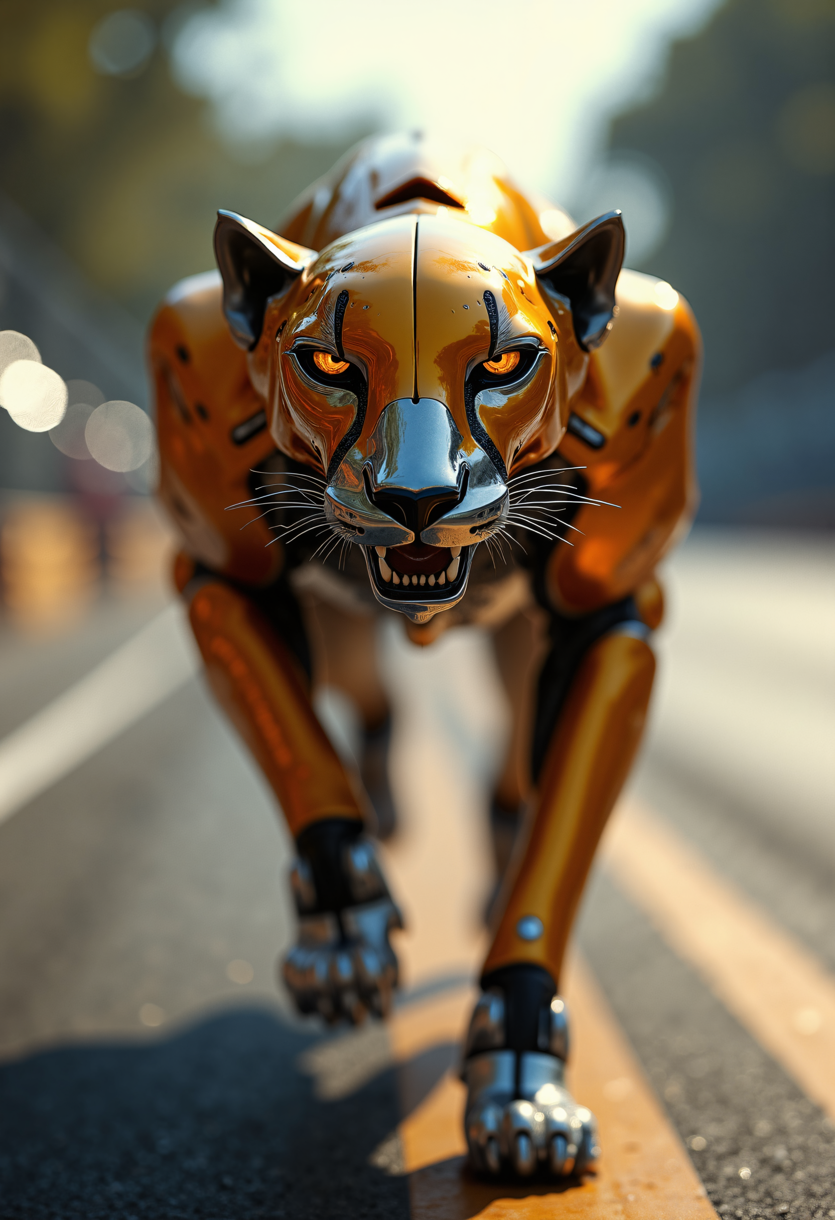 Close-up canted angle, dutch angle, dynamic portrait of the face and upper body only of a perfect tan colored smooth shiny car panels supercar in pitstop ferrari lamborghini formula 1 hybrid made entirely of fast, sleek, and shiny supercar parts, creating a cheetah shape jumping upward elegantly off its back legs toward the camera, the nostrils, metal and carbon fiber glistening under natural sunlight, tires forming the strong limbs, aerodynamic spoilers shaping the agile body, headlights glowing as intense, focused eyes, the entire skin composed of car body panels and vibrant metallic paint, engine pistons forming the powerful legs, exhaust pipes emerging from the back, roaring with potential speed, the metallic and fiberglass face a composite of aerodynamic curves and sharp edges, the mouth slightly open revealing rows of razor-sharp gears and metal teeth, carbon fiber whiskers extending from the snout, reflections emphasizing the polished metallic surfaces, clean expensive looking parts,  hints of burning rubber and fuel, the powerful stance highlighted by soft, dappled light filtering through the trees in the background, motion blur suggesting rapid movement even in stillness, the entire composition imbued with the spirit of speed and engineering precision, the scene set against a blurred background of a high-speed race track, faint outlines of other supercars whizzing by, natural warm lighting reflecting off the glossy reflective surfaces, giving an almost futuristic sheen to the cheetah's form, the image captures the essence of speed and power, with a touch of futuristic whimsy, an imposing and sleek presence, the reflective eyes looking directly at the camera in a wildlife-style photograph.