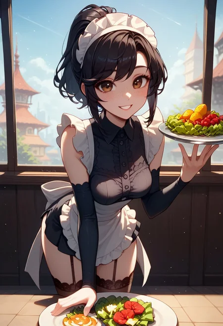 score_9, score_8_up, score_7_up, 1girl, solo, restaurant, blurry background, light particles, high detail, pov photographer, 28 year old girl, cute, sexy freckles, medium round breasts, short wavy black hair, brown eyes, thick body, ponytail, lustful eyes, playful smile, standing,  wearing a revealing maid outfit, short black dress, white apron, lace stockings, glass windows showing a city, elegant decor, wearing a maid headband, holding a silver tray with a salad, one leg slightly bent, leaning forward in a teasing pose,