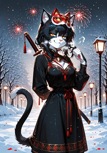 masterpiece, source_furry, (best quality:1.1), ultra-detailed, high resolution, solo, highly detailed macro illustration BREAK 1girl, Ember (ESO), anthro, feline, black and white fur, cat tail, black hair, yellow eyes, slim, breasts, (smug expression, cute face:1.3), BREAK (wearing decorated carnival mask:1.3), (red and black dress:1.3), katana on the back, dynamic pose BREAK outside, winter, snow, twirling in the street as fireworks explode above, confetti in the air, glowing street lamps, energetic and festive mood BREAK sharp focus, perfect lighting, anatomically correct, extremely detailed, tranquil setting, high detail, serene, Expressiveh, detailed background