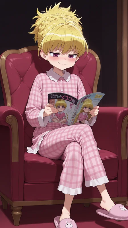 masterpiece, best quality, amazing quality, 1girl, solo, <lora:IlluBiscuit:1> illubiscuit, purple eyes, blonde hair, crown braid, plaid pajamas, sitting, armchair, indoors, reading, magazine \(object\), holding, blush, smile, naughty face, crossed legs, slippers, dark background,