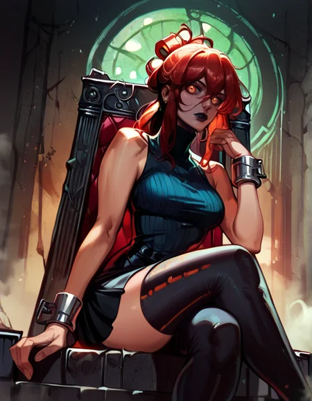 score_9, score_8_up, score_7_up, detailed background, realistic lighting, sitting on throne,
1 girl, detailed eyes,slim and fit, solo, dynamic pose, mature adult female,
Kydra, red hair, hair glow, dark lips, sleeveless turtleneck, skirt, thigh highs, metal cuffs,
<lora:Kydra-000010:0.7>,
<lora:Pony - Style - Reiq:1>