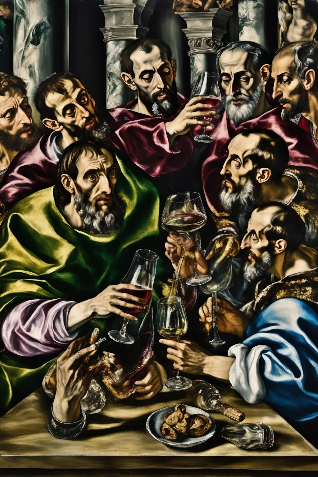 <lora:Tintoretto Style:1>Tintoretto Style - El Greco painting with people drinking at a bar with wine glasses and bottles