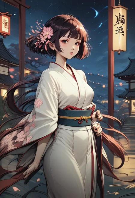 score_9, score_8_up, score_7_up, score_6_up, 1girl, solo, medium breasts, long hair, attractive, symmetrical face, soft structured facial features, (bruises and scratches:0.8), Japanese detailed kimono,sakura flowers kimono, night, alleyway, dark, (egyptian:0.6), (brazilian:0.6), european, Japanese_INK