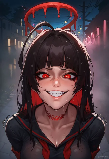score_9, score_8_up,score_7_up, score_6_up, score_5_up, score_4_up,
tsurugi, blue archive, neck tatto,halo, red eyes, hair eye shadow, wing, thorny wing,featherless wing, bloody halo,sharp teeth, evil facial expression,black dress, bloody black dress, loose shirt, black serafuku, antena hair, red neckerchief, blunt bangs, black nails,
(glowing skin, sweaty skin, wet skin, (extreme sweating), light reflect skin, wet effect, high quality skin, high quality shadow, light shadows on skin, ring lights skin reflection, glowing sweating drop, high quality lighting, neon light reflect on skin, ultra qualty skin),
dark alley, night, outdoors,
rim light, red neon lights, volumetric lighting,
motion lines, sound effects, fantasy, nsfw,
high angle shot, high angle view,
A girl posing slutty, smug, smiling,
solo, 1girl,