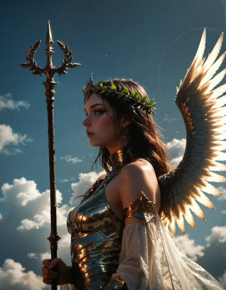 score_9, score_8_up, score_7_up, score_6_up, score_5_up, score_4_up, 1girl, valkyrie in gorgeous armor is holding a spear in hand, (side view, solo:1.1), standing, golden laurel wreath crown, goddess, pale skin, beautiful face, armored dress, wings, looking at viewer, cloudy sky, holy light, light from clouds, fantasy theme