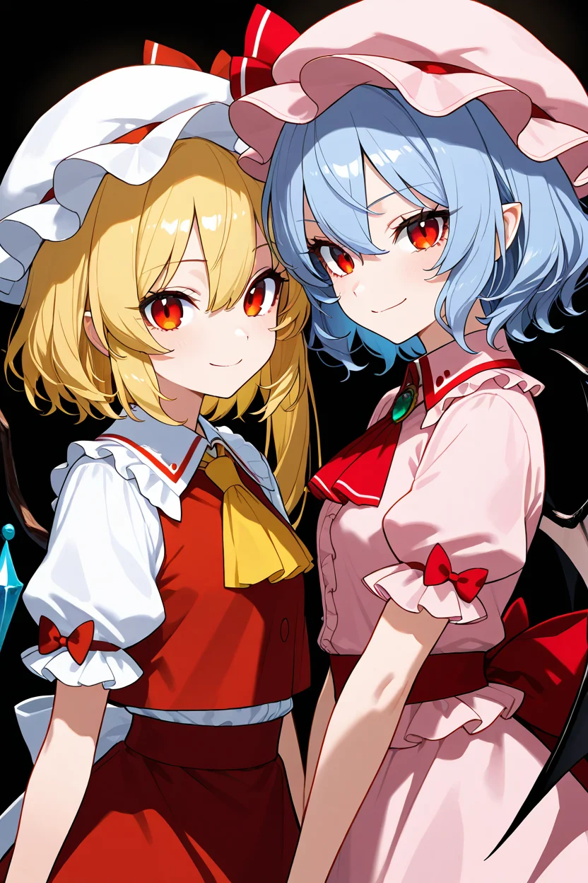 masterpiece, best quality, 21 year old model, eyelashes, (beautiful eyes), ,,,2girls, zzRemilia, red eyes, blue hair, short hair, hat, ribbon, wings, ascot, hat ribbon, pink dress, bat wings, short sleeves, frills, puffy sleeves, zzFlandre, red eyes, blonde hair, one side up, hair between eyes, wings, ascot, red skirt, hat ribbon, short sleeves, puffy sleeves, mob cap, red shirt, <lora:ScarletSistersIXL_v1:1.0>, upper body, side view, smile, looking at viewer, shiny skin,