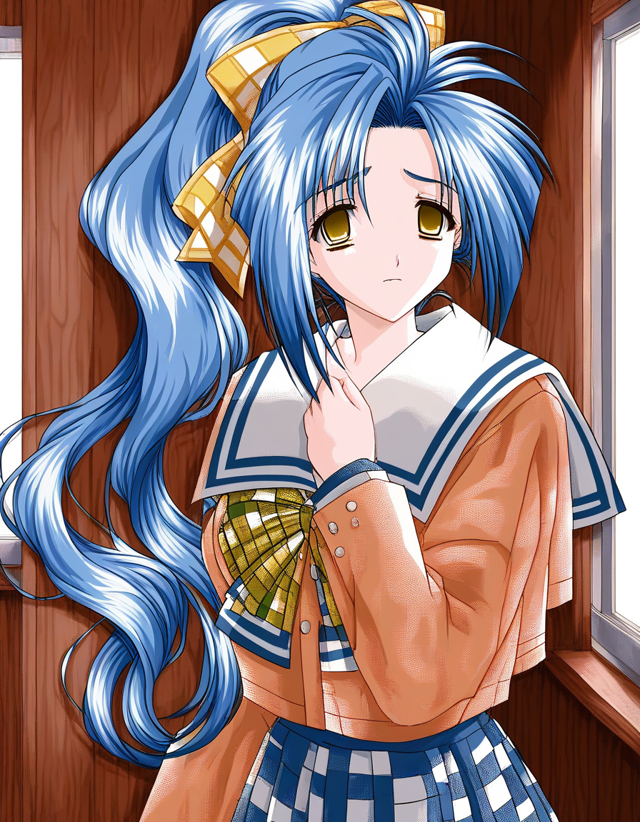 score_9, score_8_up, score_7_up, source_anime, rating_explicit, BREAK  <lora:Ai_akumu95_XL:1> Ai_akumu, blue hair, long hair, ponytail, hair ribbon, yellow eyes, breasts, Yellow plaid bow, empty eyes, 
light orange school uniform, blue checked skirt, 
looking at viewer, sad, 
cowboyShot,
room,