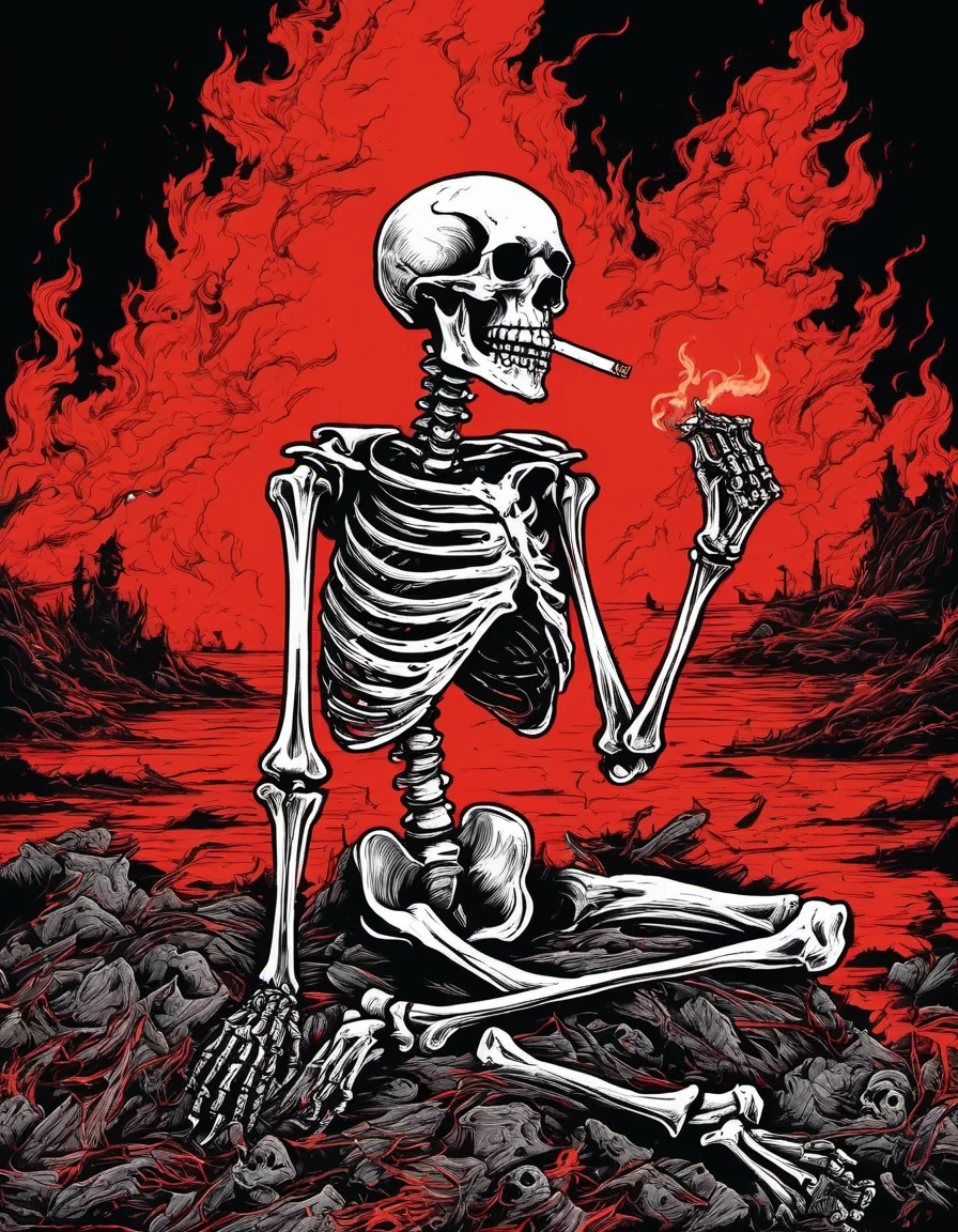 metal_tee, a skeleton sitting in a burning pile of rubble, surrounded by a fiery red sky. The skeleton is smoking a cigarette, which adds to the overall atmosphere of the scene. There are several other skeletons scattered around the skeleton, vector digital illustration, (black background:1.5) <lora:metal_tee_sdxl:1>