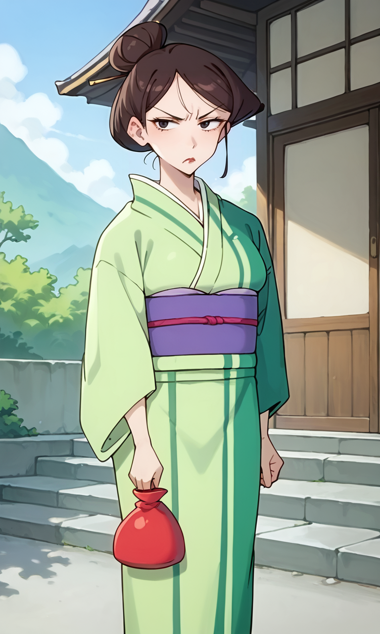 (1girl:1.5), (solo:1.3), (score_9, score_8_up, score_7_up, score_6_up, score_5_up, score_4_up), (source_anime), rating_questionable, looking at viewer, (full body), standing, outdoors, japanese temple,
 <lora:matsuzaka-matsu_v2:1> (matsuzaka-matsu), (frown:1.6), (black eyes, eyelashes, dark brown hair, single hair bun, red lips), (green kimono, purple obi, huge breasts), red pouch,